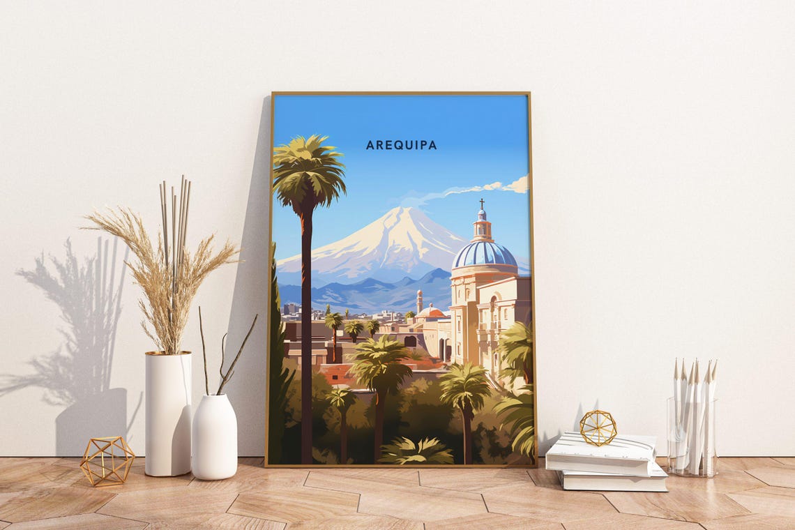 Arequipa Peru Misti Volcano Cathedral Vintage Travel Art Poster