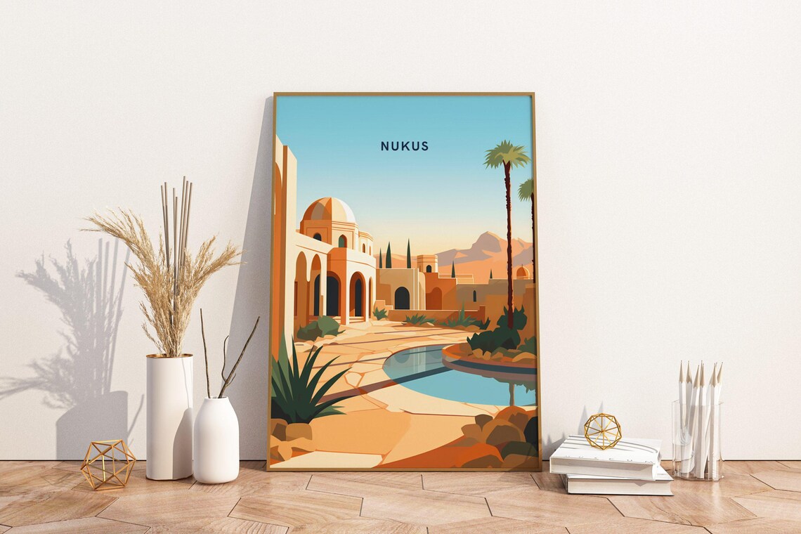 Nukus Uzbekistan Desert Courtyard Scene Vintage Travel Poster