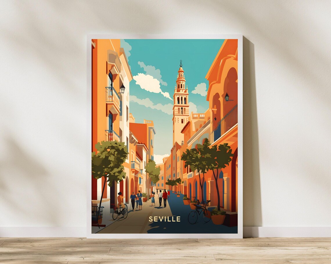 Seville Spain Giralda Tower Old Town Street Vintage Travel Poster