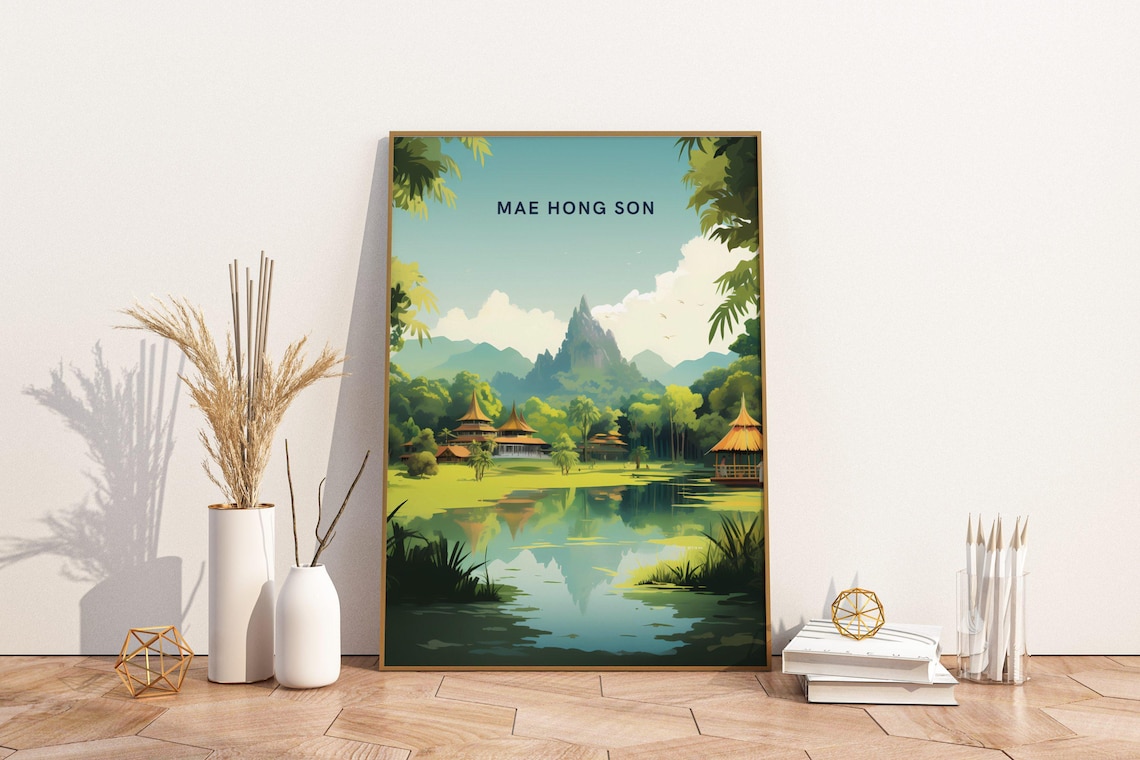Mae Hong Son Thailand Temples Lake Mountains Vintage Travel Poster