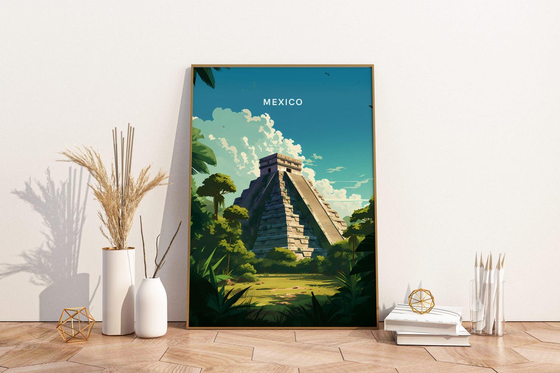 Mexico Chichen Itza Ancient Mayan Pyramid Jungle Travel Art Poster