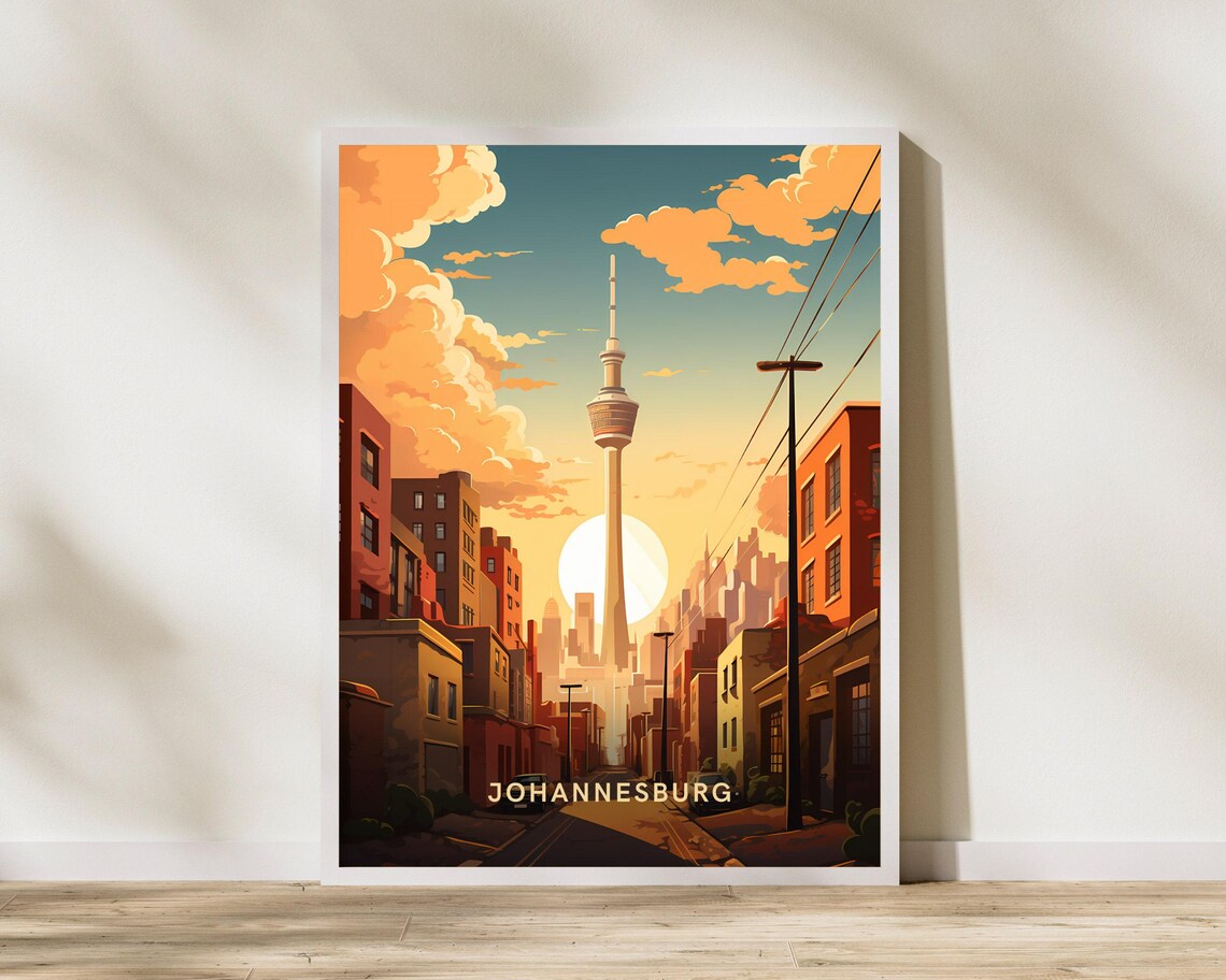 Johannesburg South Africa Hillbrow Tower Sunset Vintage Travel Poster