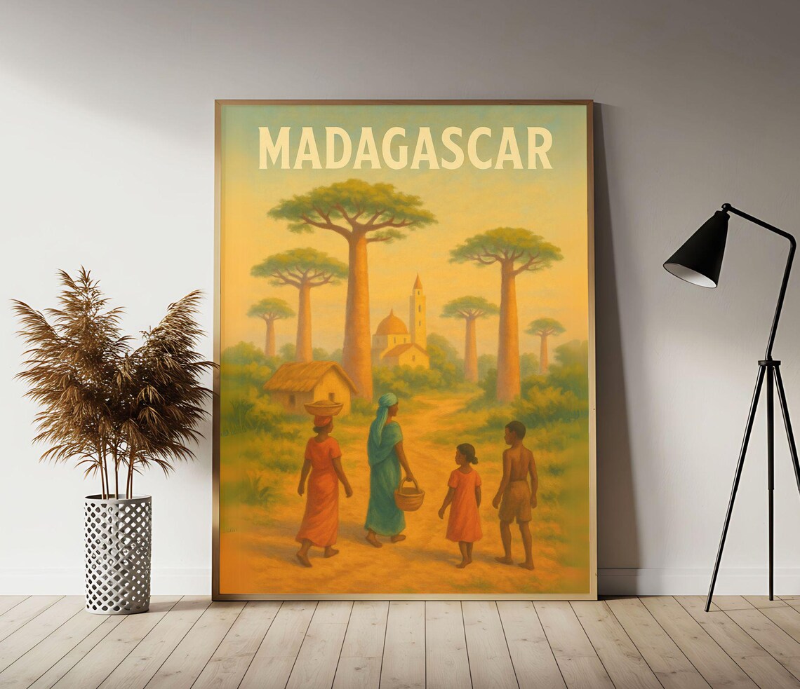 Madagascar Baobab Trees Sunset Village Scene Vintage Travel Poster