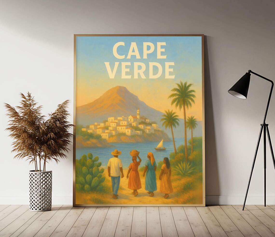 Cape Verde Island Village Palms Mountain Sunset Travel Poster