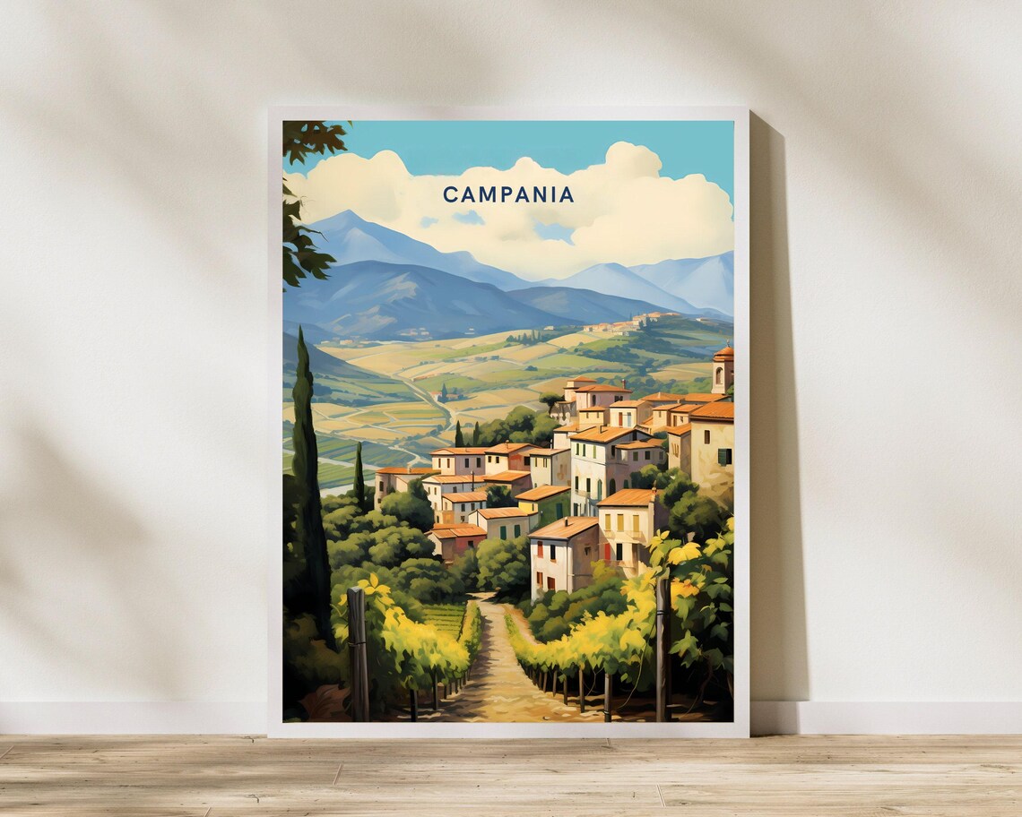 Campania Italy Sunlit Vineyard Village Rolling Hills Travel Poster
