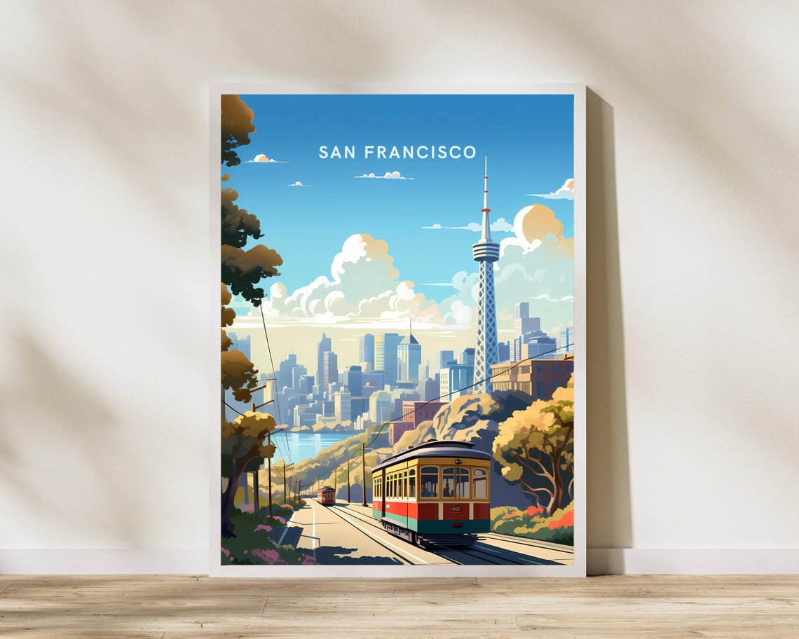 San Francisco Cable Car Vintage Style Travel Illustration Poster