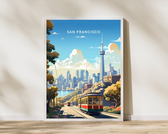 San Francisco Cable Car Vintage Style Travel Illustration Poster