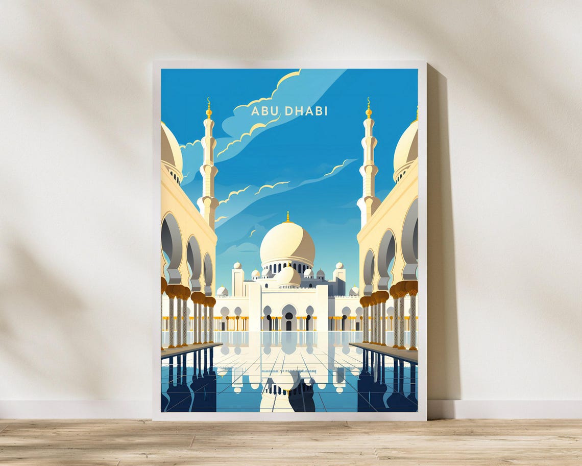 Abu Dhabi Grand Mosque Blue Sky Vintage United Arab Emirates Poster