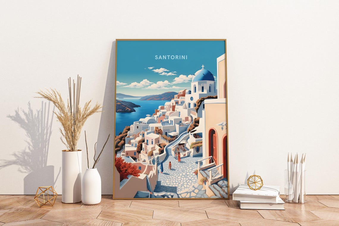 Santorini Greece Whitewashed Village Blue Dome Travel Art Poster