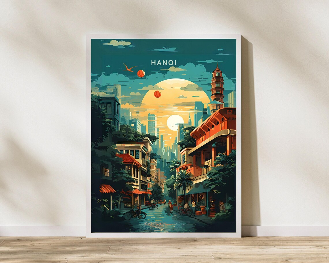 Hanoi Vietnam Night Street Red Lanterns Vintage Travel Poster