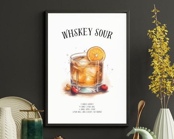 Whiskey Sour Cocktail Recipe Illustration Bar Kitchen Poster
