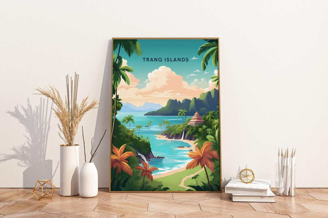 Trang Islands Thailand Tropical Beach Palm Trees Vintage Travel Poster