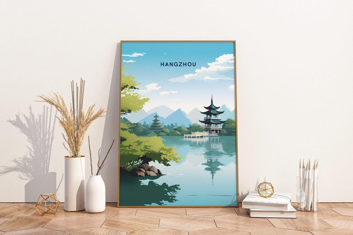 Hangzhou China Pagoda Lake Reflection Mountains Scenic Travel Poster