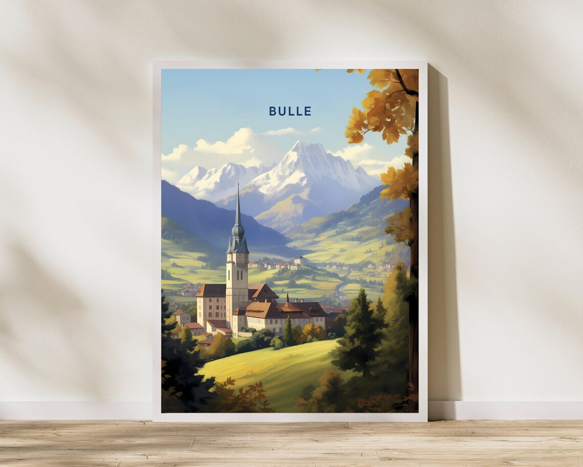 Bulle Switzerland Vintage Travel Poster Alpine Mountains Church Tower
