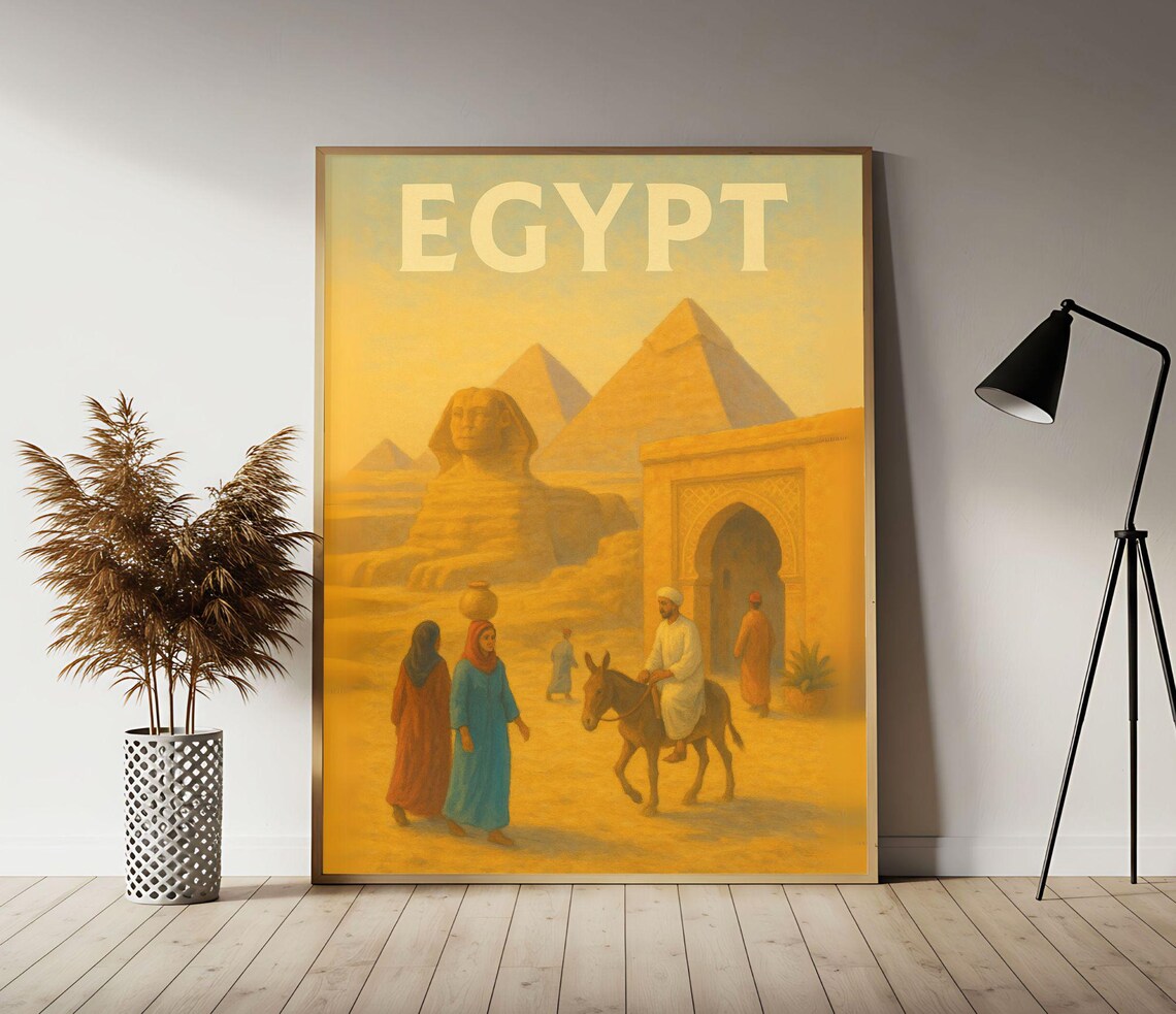 Egypt Pyramids Sphinx Golden Desert Caravan Sunset Travel Poster