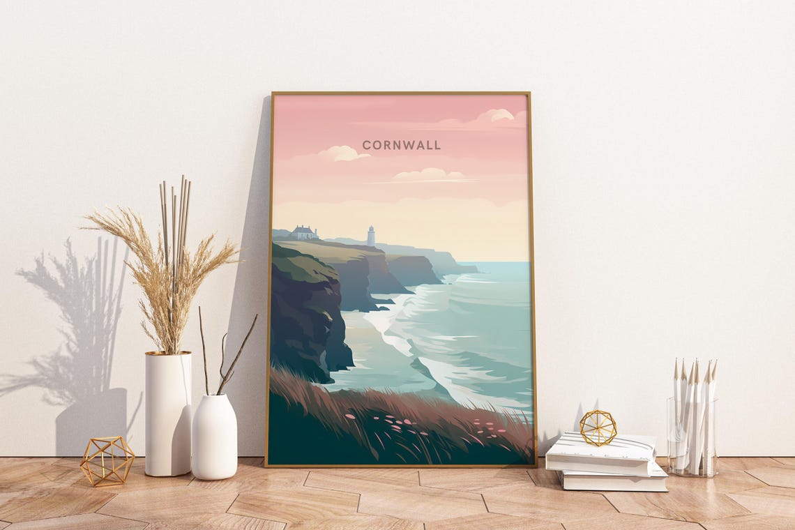 Cornwall England Pink Sunset Sea Cliffs Lighthouse Travel Poster