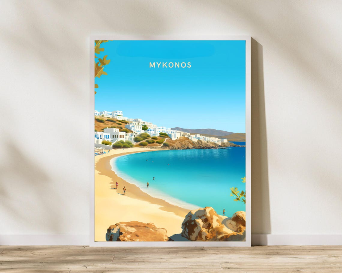 Mykonos Greece Sandy Beach Turquoise Aegean Sea Vintage Travel Poster
