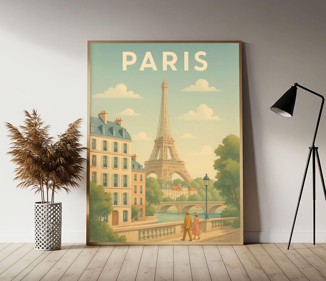 Paris France Eiffel Tower and Seine Vintage Style Travel Poster