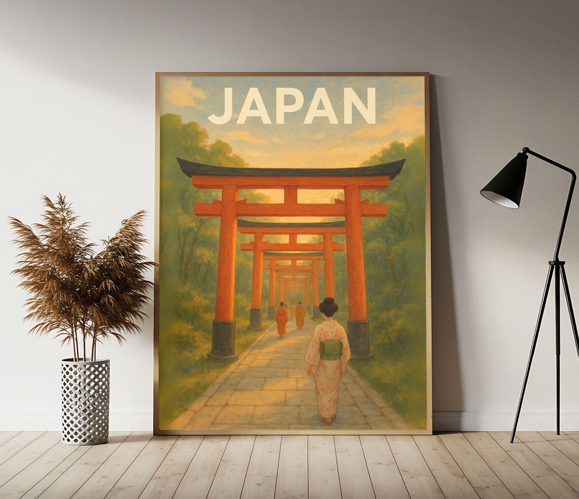 Japan Fushimi Inari Vintage Travel Poster Red Torii Gates Kyoto