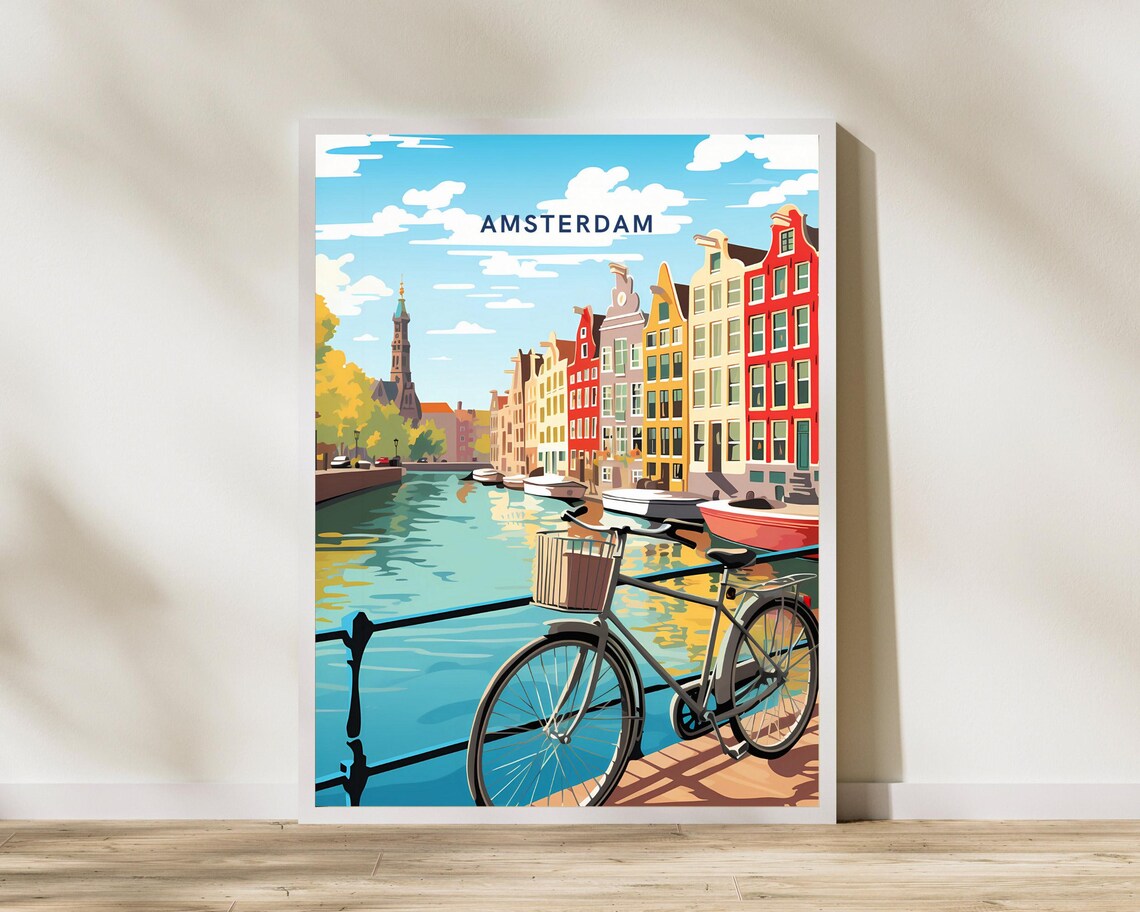 Amsterdam Canal Bridge Bicycle Gabled Houses Vintage Travel Poster