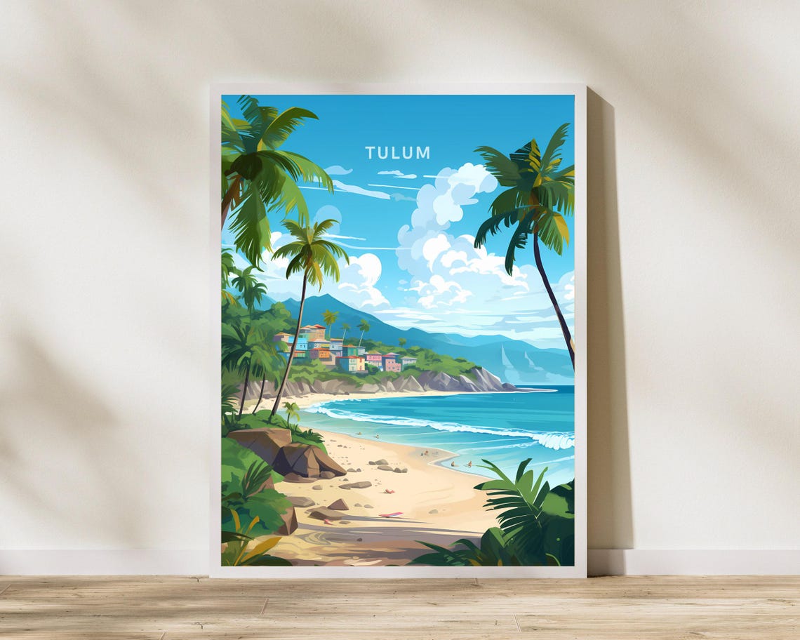 Tulum Mexico Riviera Maya Beach Cliffs Palm Trees Travel Poster