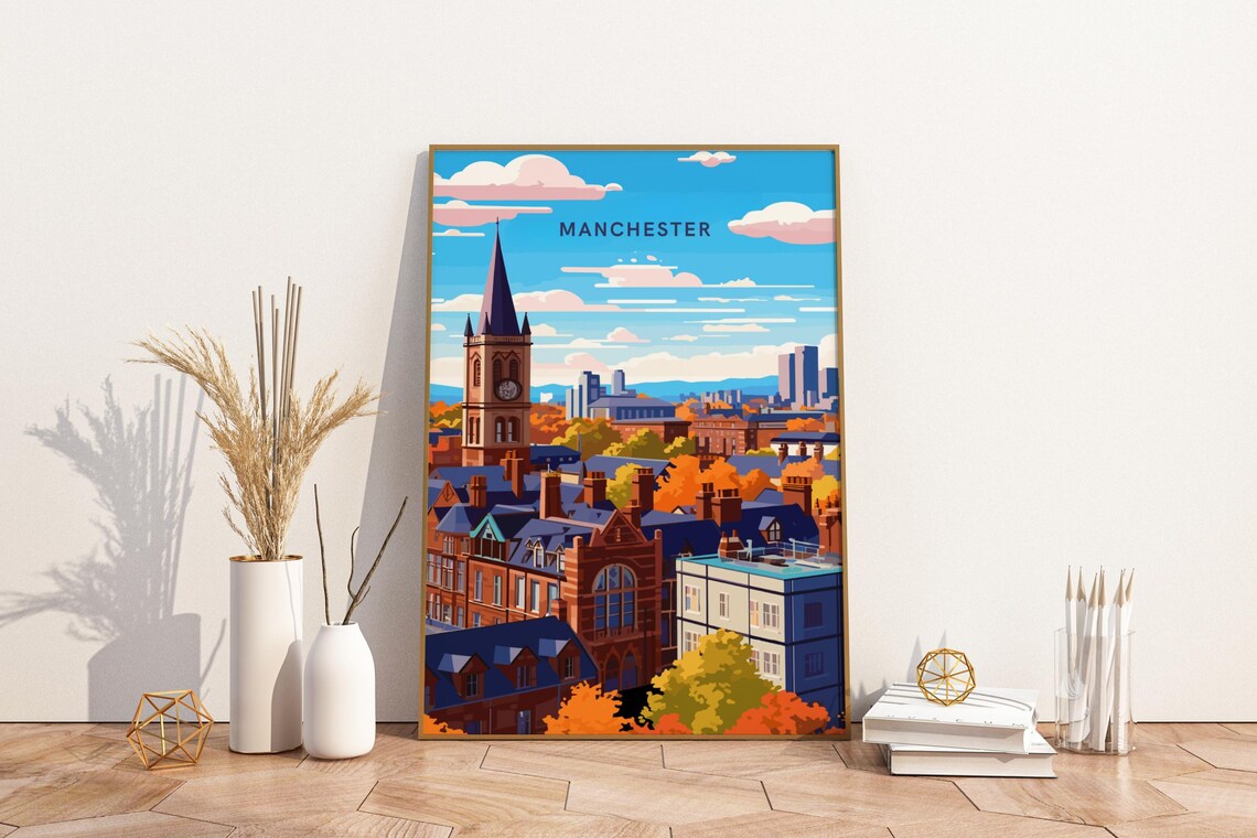 Manchester England City Skyline Autumn Rooftops Travel Poster