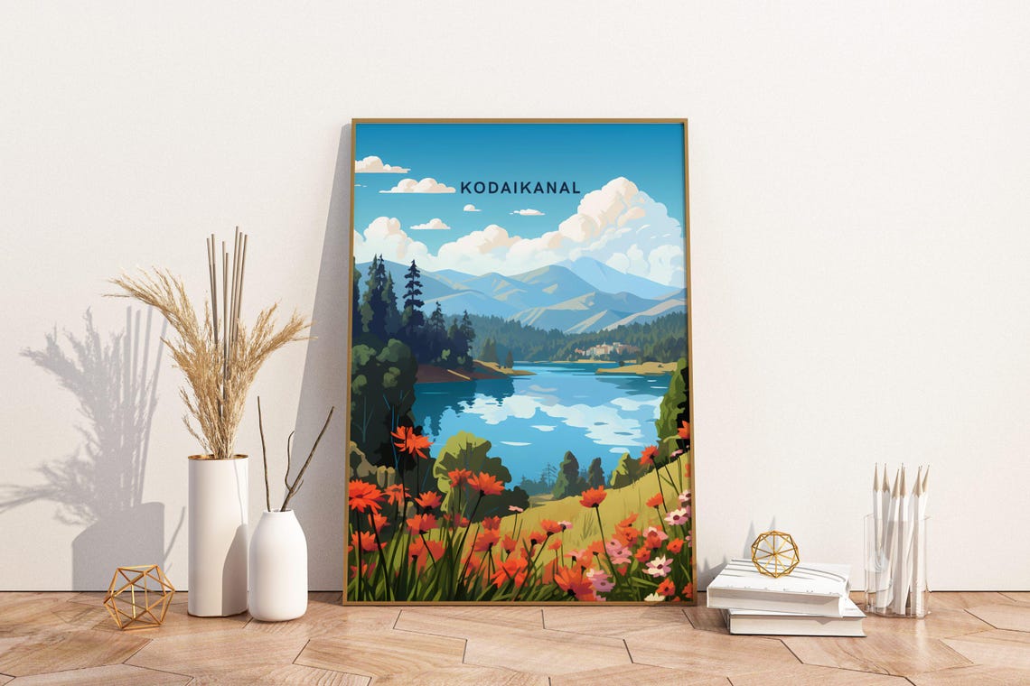 Kodaikanal India Mountain Lake Wildflower Meadow Travel Poster