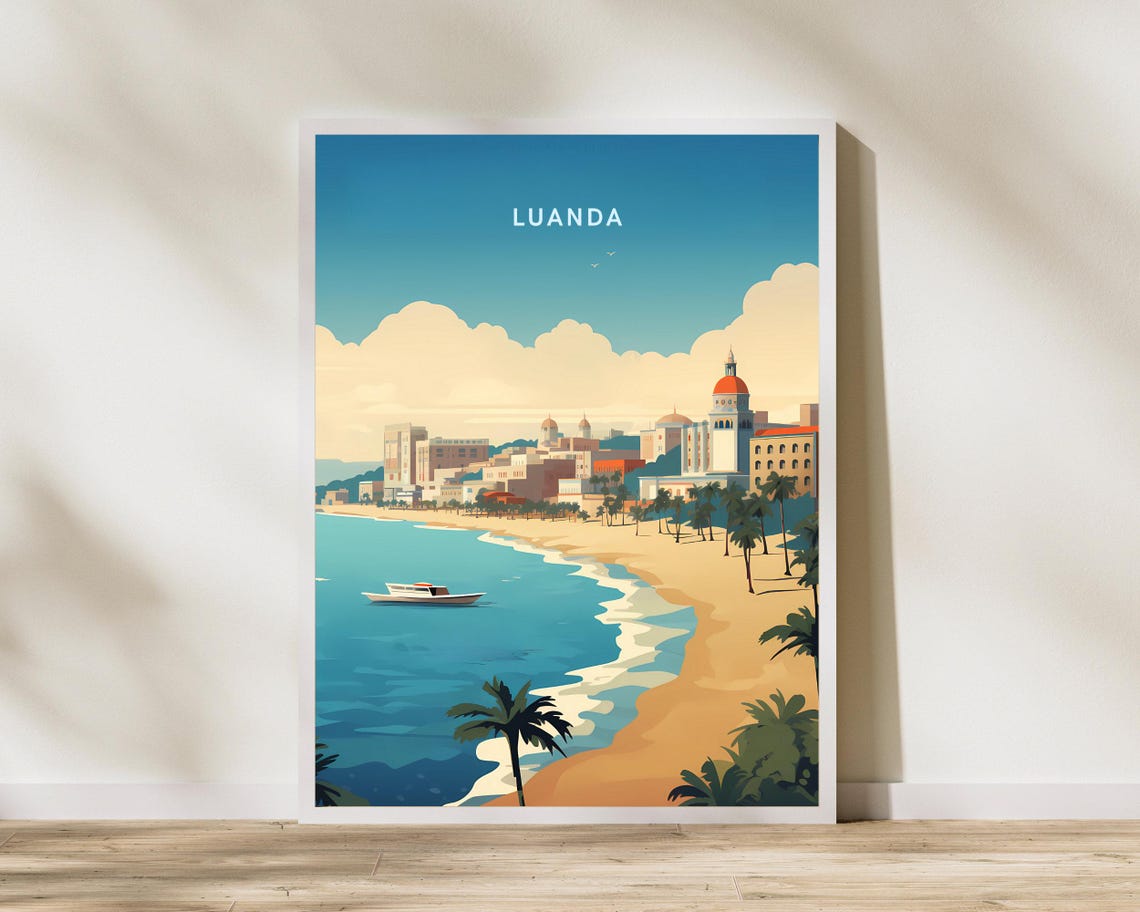Luanda Angola Sandy Beachfront Skyline Palm Trees Travel Poster