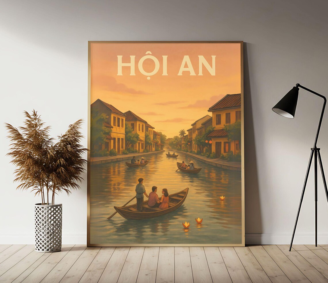 Hoi An Vietnam Old Town River Boats Vintage Sunset Travel Poster