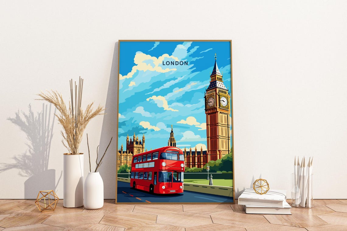 London Big Ben and Red Double Decker Bus Landmarks Travel Poster