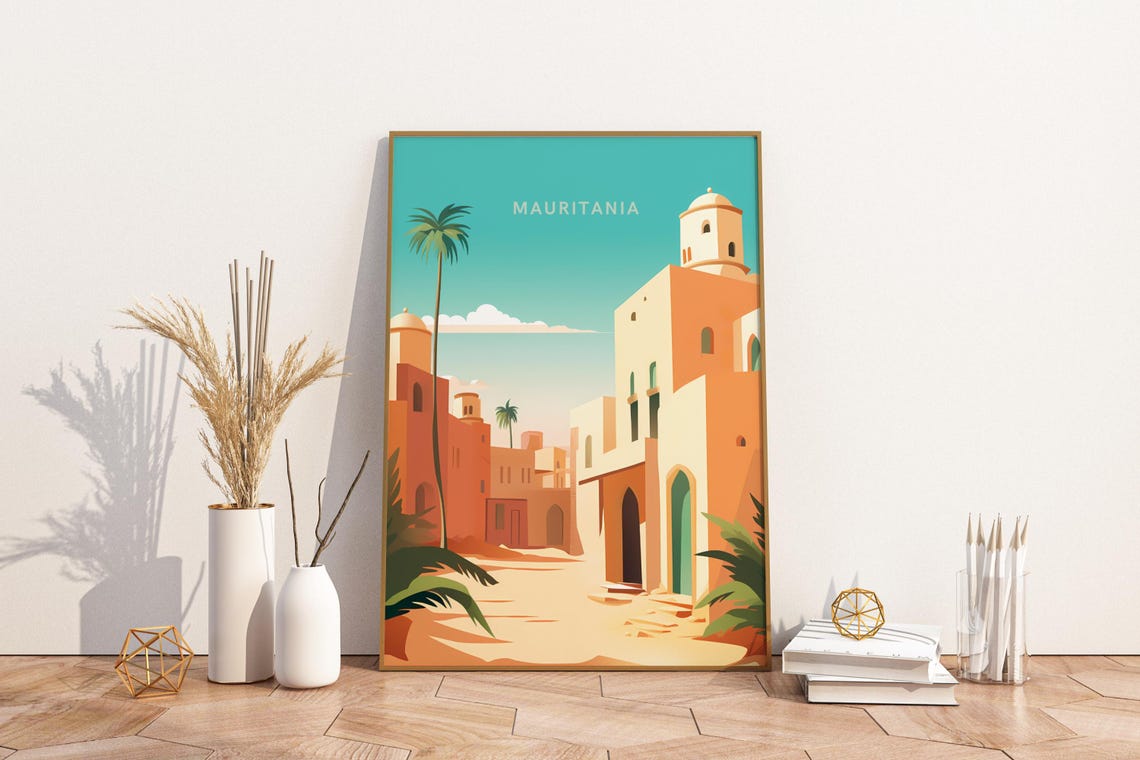 Mauritania Desert Old Town Palms Warm Sunset Scene Travel Poster
