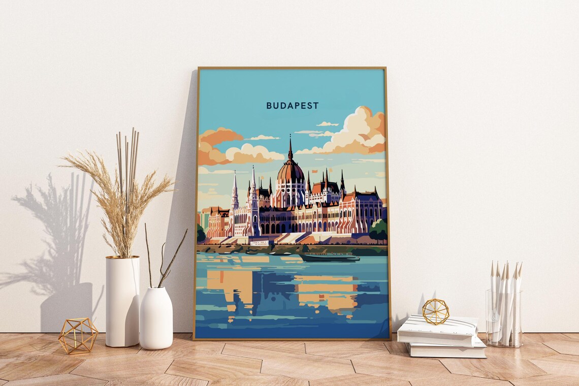 Budapest Hungary Parliament Danube Sunset Vintage Travel Poster