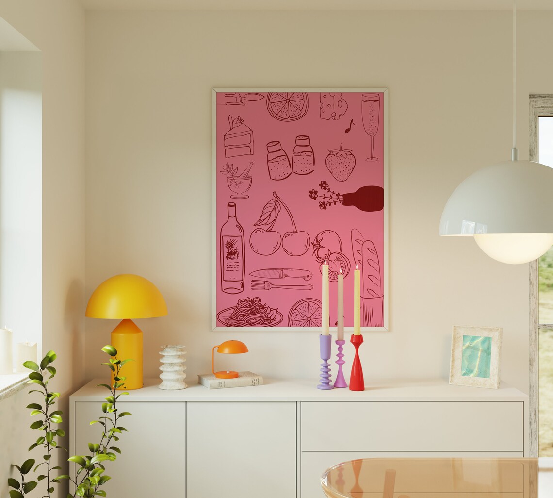 Pink Kitchen Food Line Illustrations Pasta Wine Decor Poster - Image 3