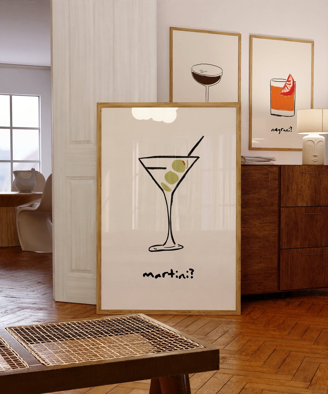 Martini Retro Bar Cart Art Print, Kitchen Decor