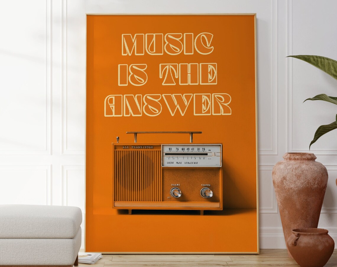 Music Is The Answer Vintage Transistor Radio Orange Retro Poster