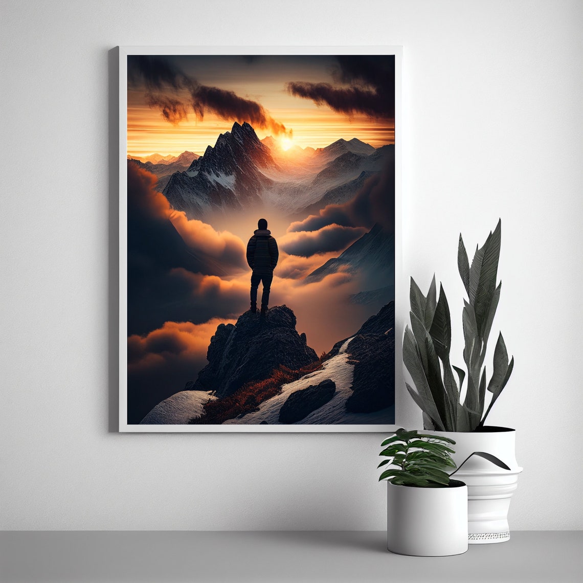 Lone Hiker Silhouette on Snowy Mountain Peak at Sunset Poster - Image 2