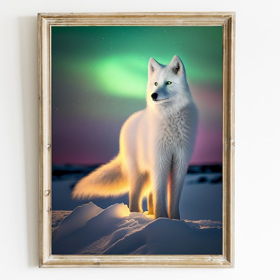 Arctic Fox Under Northern Lights Snowy Night Wildlife Art Poster