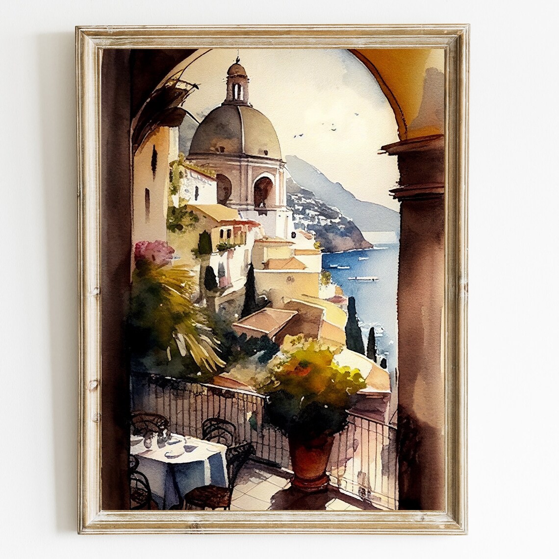 Amalfi Coast Watercolor Terrace View Overlooking Seaside Town Poster