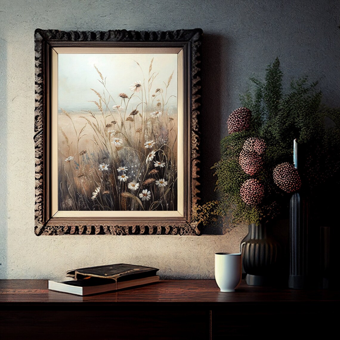 Wildflower Daisy Meadow In Soft Beige Vintage Farmhouse Art Poster - Image 2