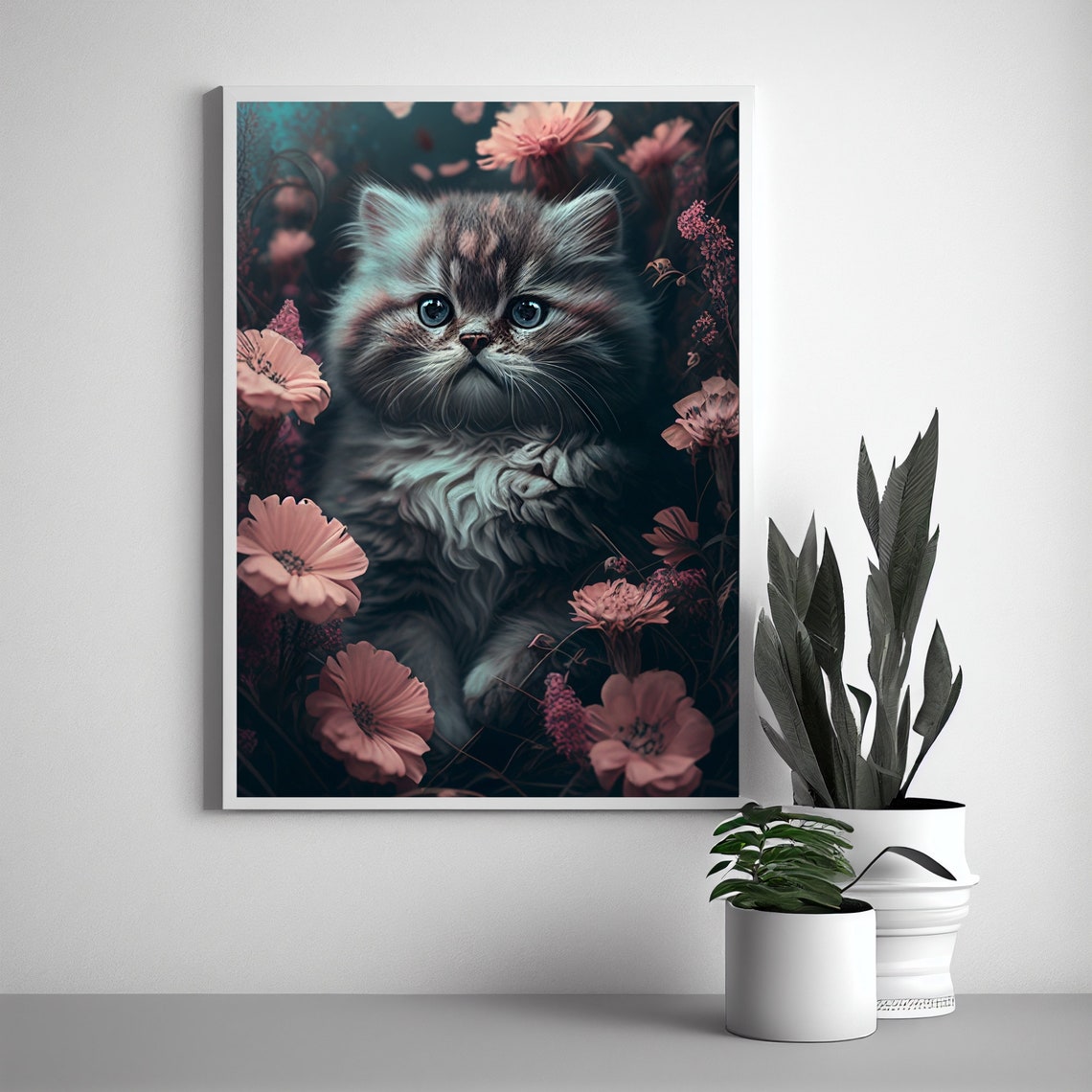 Fluffy Kitten Among Pink Flowers Vintage Floral Cat Portrait Poster - Image 3