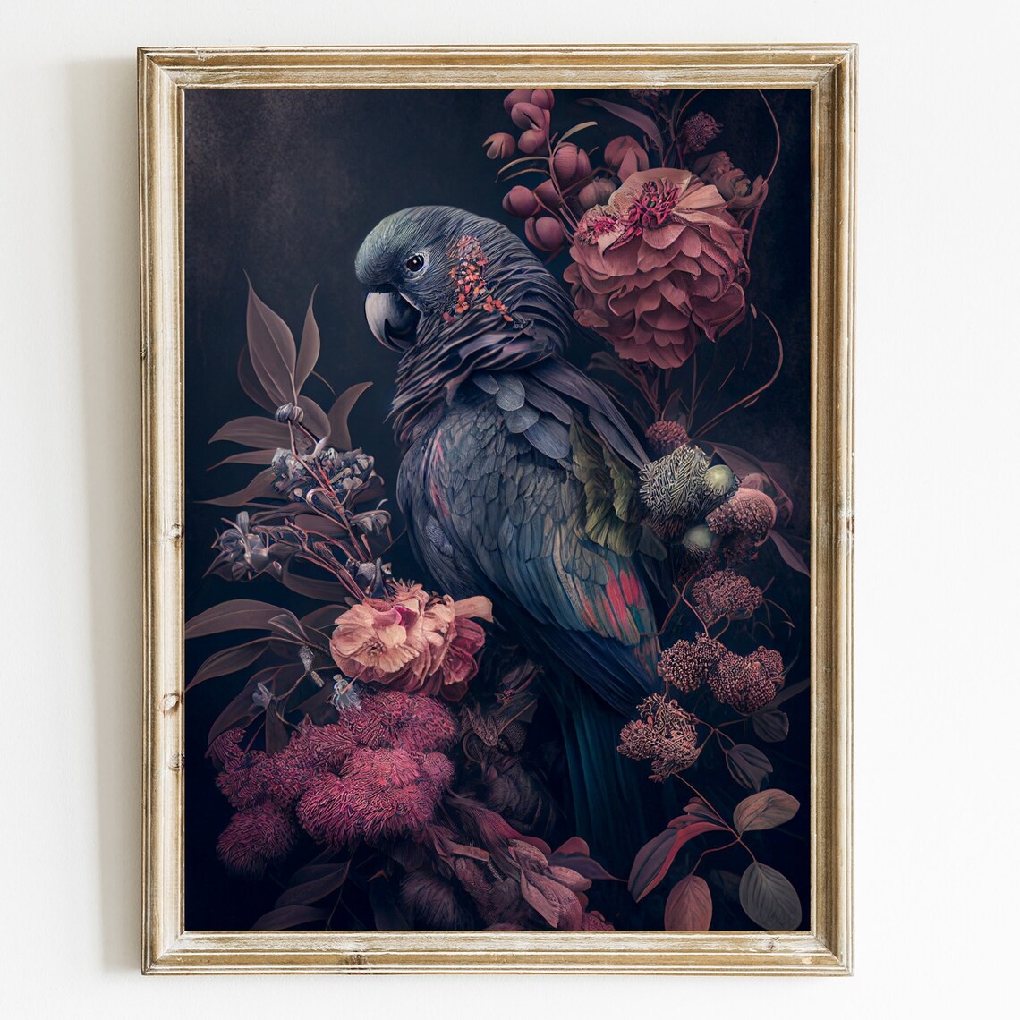 Moody Dark Parrot Among Roses Vintage Floral Bird Portrait Poster