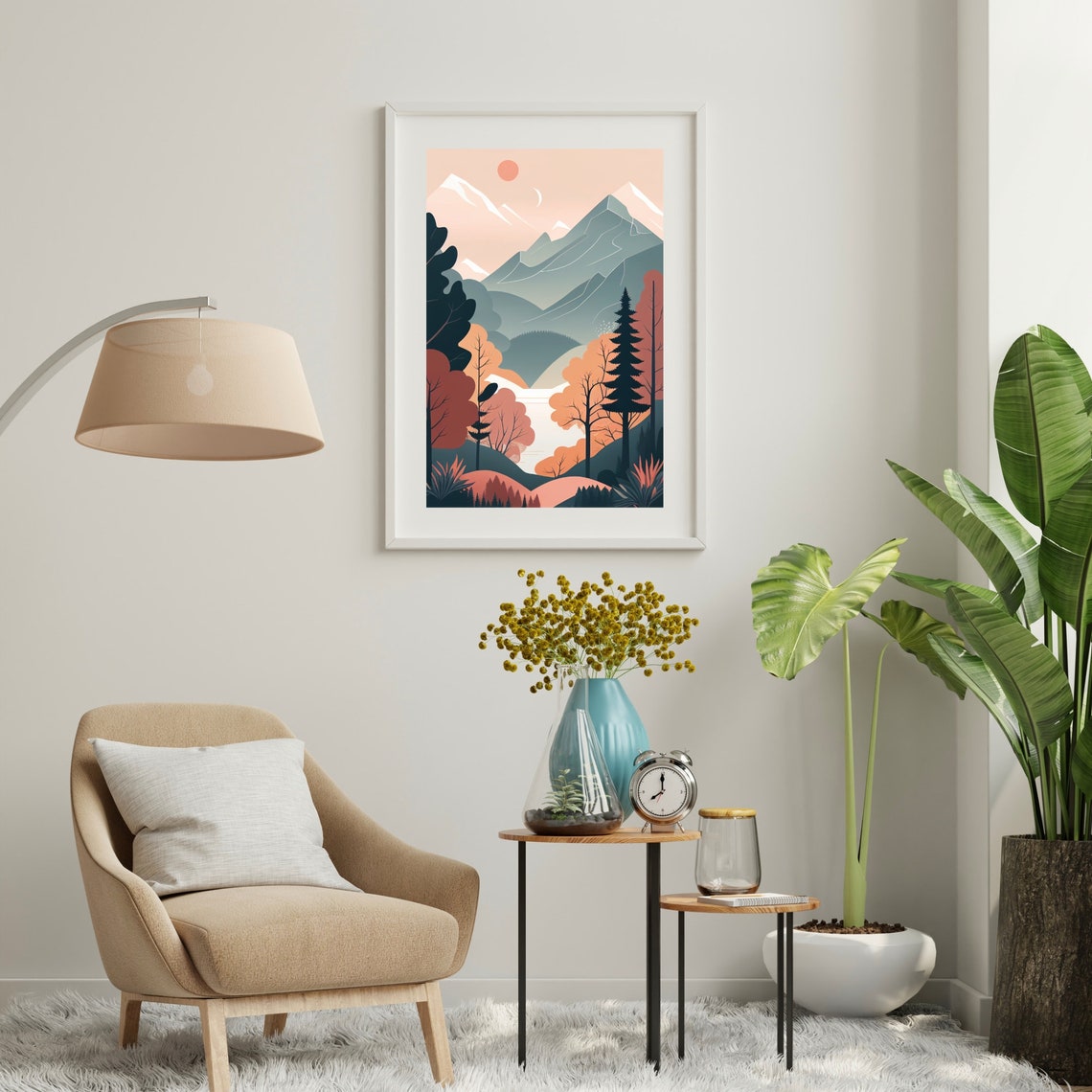 Autumn Mountain Valley Sun And Moon Flat Landscape Nature Poster - Image 3