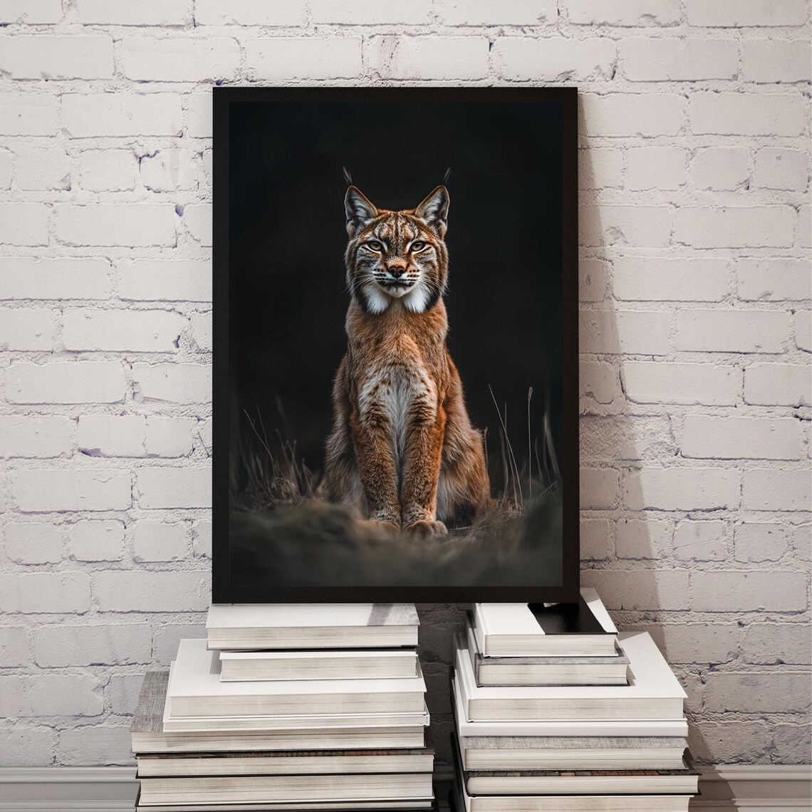 European Lynx Portrait Sitting In Dark Grass Photorealistic Poster - Image 2