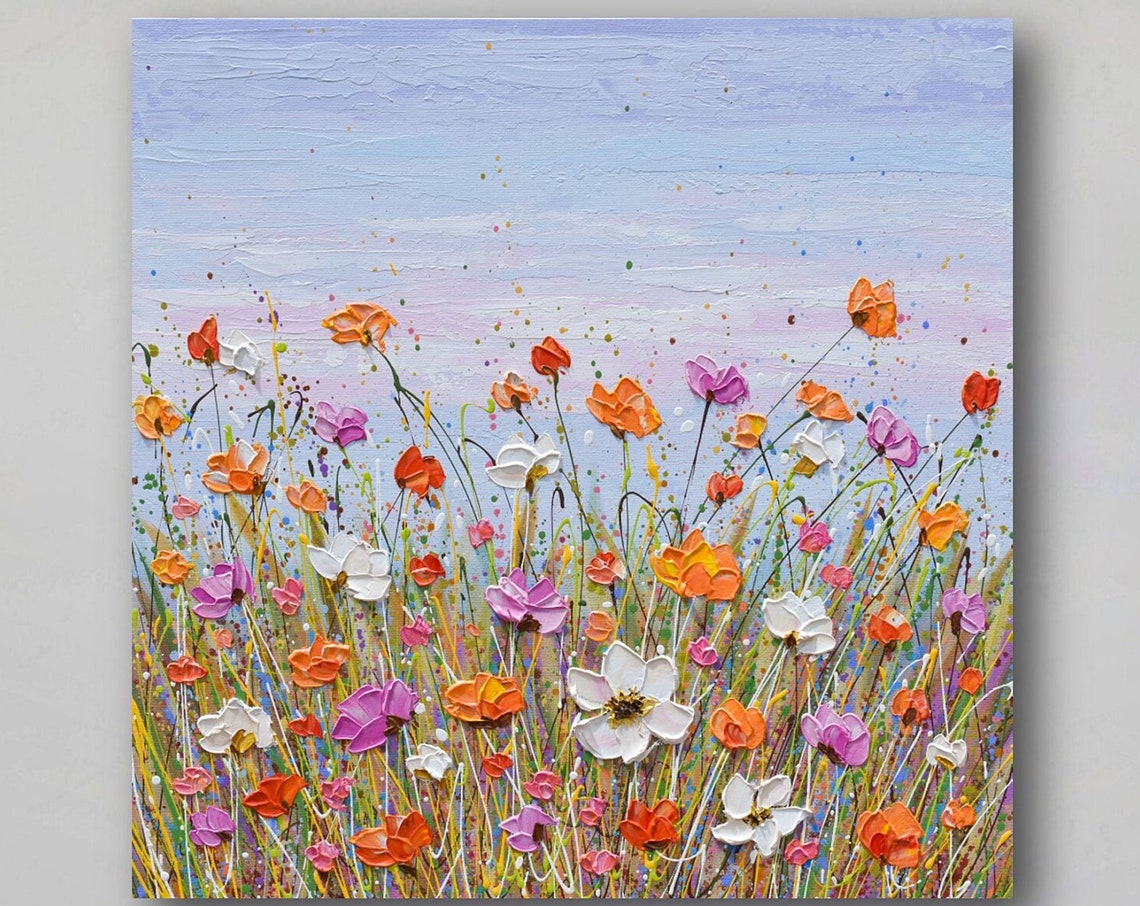 Pink Orange White Cosmos Wildflower Field Lavender Sky Art Poster