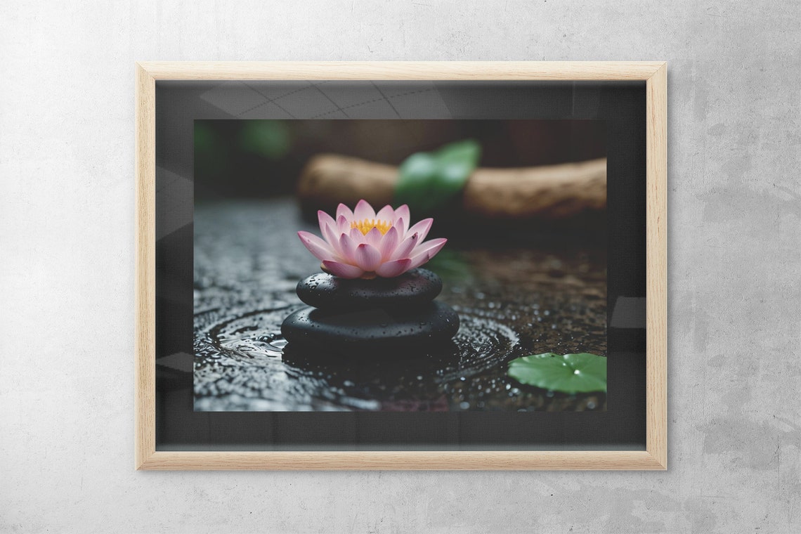 Pink Lotus Flower On Stacked Zen Stones Calm Water Wall Poster - Image 3