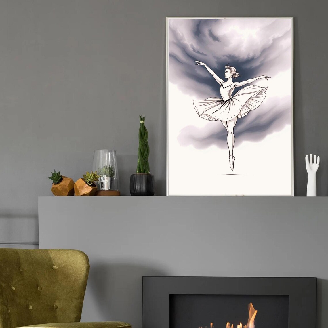 Ballerina Sketch En Pointe Flowing White Tutu Smoky Gray Ballet Art Print - Image 2