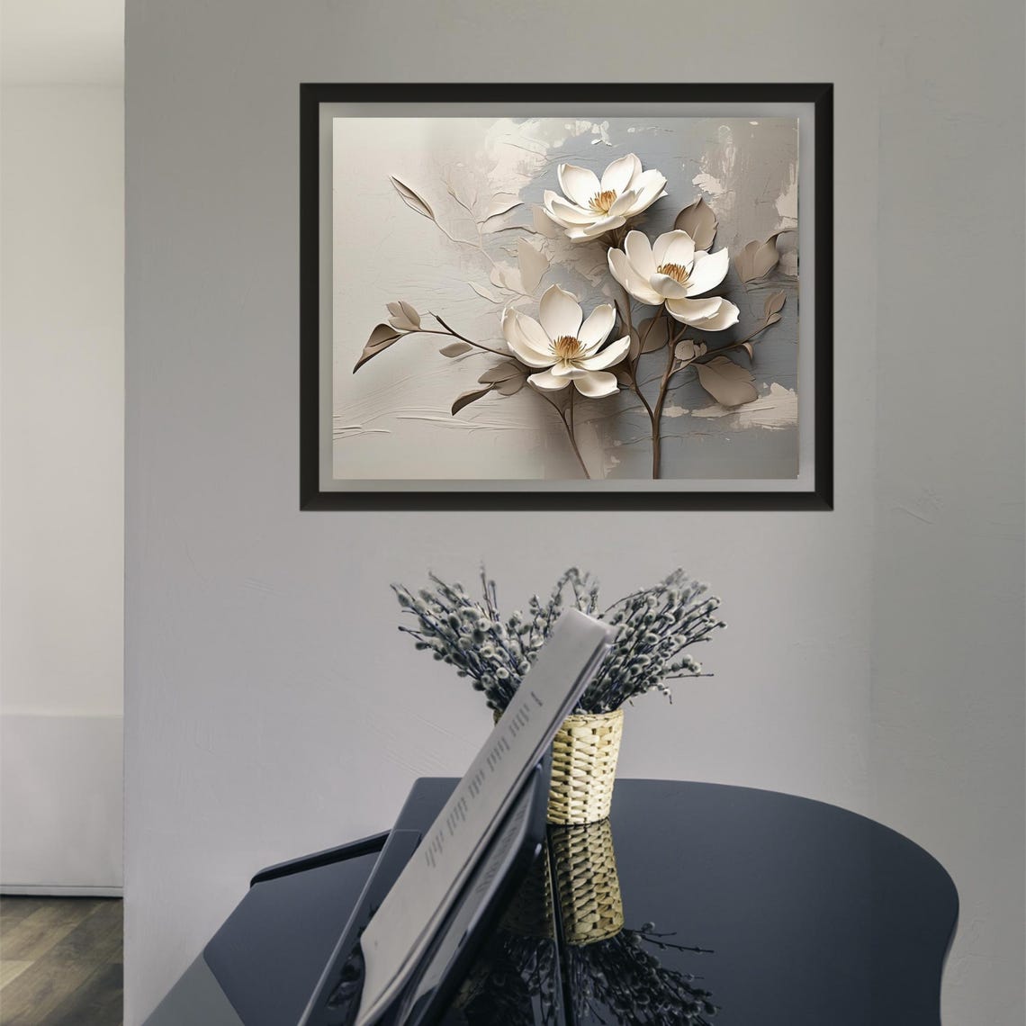 White Magnolia Blossoms 3D Plaster Texture Neutral Floral Poster - Image 4