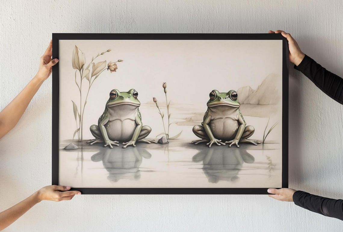Two Green Frogs In Water Minimalist Japanese Style Art Wall Poster - Image 3