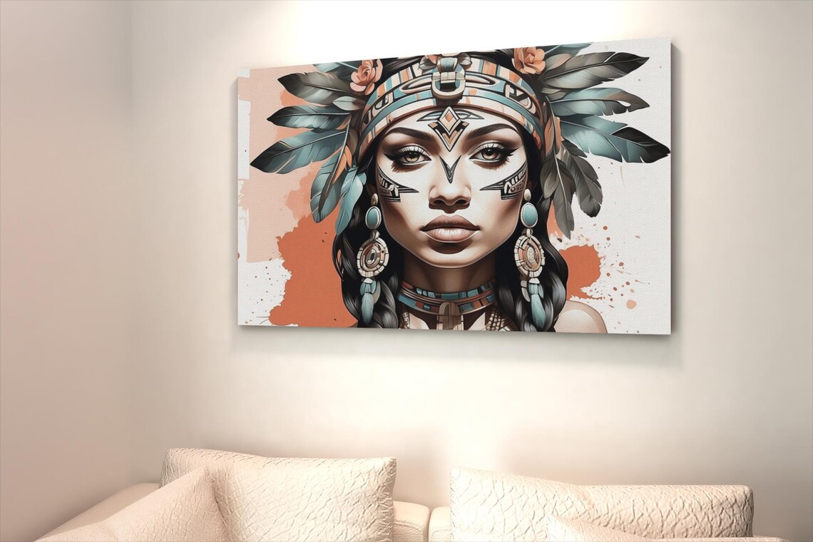 Aztec Princess Portrait Feather Headdress Turquoise Tribal Face Paint Poster - Image 4