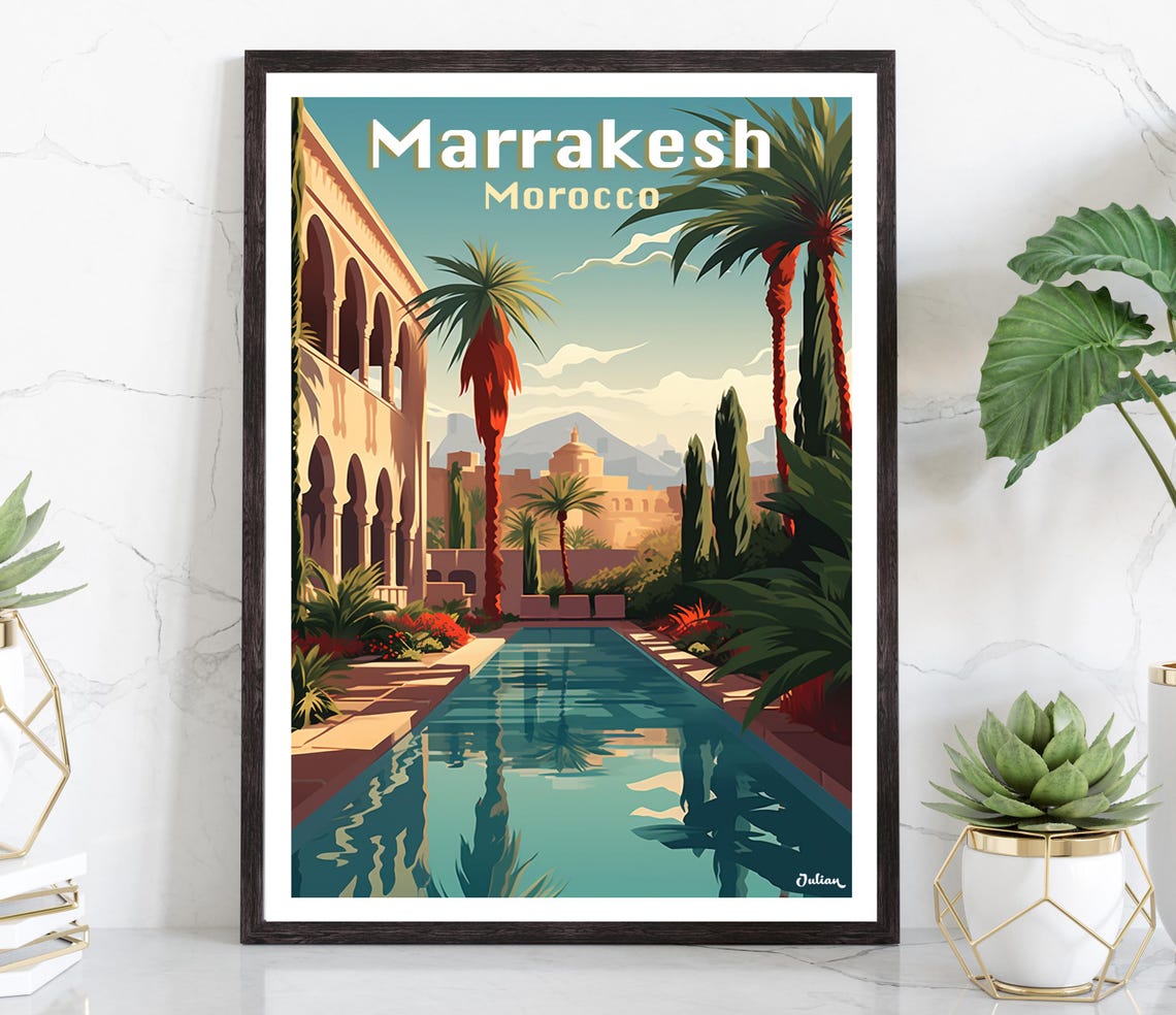 Marrakesh Morocco Courtyard Pool Palm Garden Retro Travel Poster